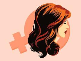 hermosa joven mujer cara en Venus símbolo y pastel rojo antecedentes. contento De las mujeres día concepto. vector