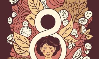 Portrait of Young Girl Face With 8 Number On Abstract Leaves Background. vector