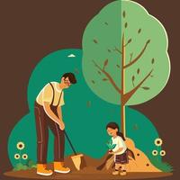 Vector Illustration of Young Man And Girl Character Gardening Together On Nature Brown Background. Save Nature Concept.