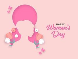 Happy Women's Day Concept With Paper Cut Female Face On Floral Decorated Eight Number Background. vector