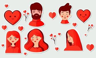 Young Male And Female Charcter With Hearts For Valentine's Day Or Love Sticker Collection. vector