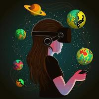 Young Girl Character Wearing VR Headset And Using Controller Interacts With Outer Space Objects On Dark Green Background. vector