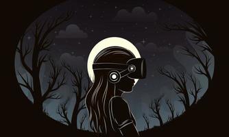 joven niña personaje vistiendo vr auriculares en lleno Luna estrellado bosque antecedentes. vector