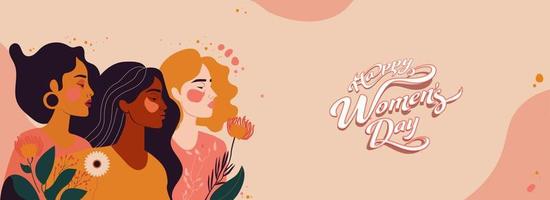 Sticker Style Happy Women's Day Text And Three Young Women Characters On Peach Background. vector