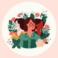 Three Young Women Characters Smiling On Floral Decorated Background. Happy Women's Day Concept. vector