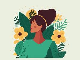 lado ver de joven mujer personaje en floral decorado antecedentes. contento De las mujeres día concepto. vector