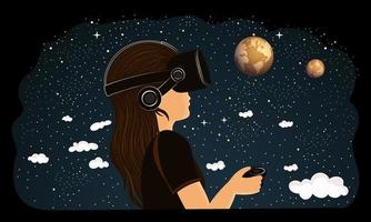 Young Girl Character Wearing VR Headset With Using Controller On Outer Space Background. vector