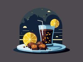 Drink Glass With Lemon Slice, Sweet On Plate Against Dark Background And Copy Space. vector