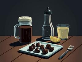 café tarro con bebida vaso, limón rebanada, tenedor y fechas plato en tablón textura antecedentes. vector