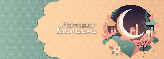 Ramadan Kareem Banner Design With Crescent Moon, Mosque On Nature Peach And Blue Mandala Pattern Background. vector