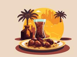 Dates Fruit Plate With Drink Glass, Jar, Palm Trees On Silhouette Mosque Background In Suhoor Time. vector