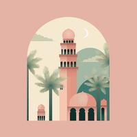 Islamic Festival Greeting Card With Closeup of Mosque, Palm Trees On Crescent Moon Pink Background And Copy Space. vector