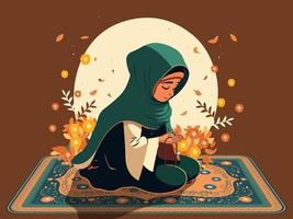 Muslim Young Woman Character Praying With Hold Tasbih On Mat And Floral Decorated Brown Background. Islamic Festival Concept. vector