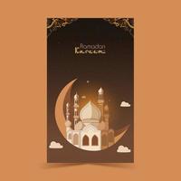 Ramadan Kareem Vertical Banner Design, Crescent Moon With Carved Mosque On Dark Background. vector