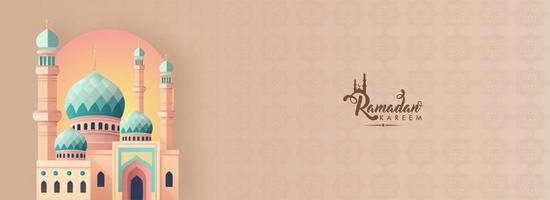 Ramadan Kareem Banner Design With Beautiful Mosque In Evening or Morning View. vector