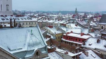 Aerial view of the historical center of Lviv in winter. Shooting with drone video