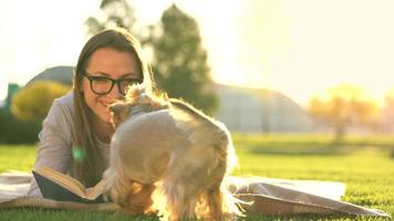 menina dentro óculos lendo livro deitado baixa em uma cobertor dentro a parque e a pequeno cachorro corre por aí e tocam por aí às pôr do sol video