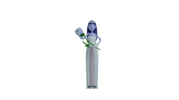 3D illustration. Romantic Skull Princess 3D Cartoon Character. The Skull Princess carried a big single rose. Princess has just picked the rose herself. 3D cartoon character png