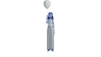 3d Illustration. cool Schädel Prinzessin 3d Karikatur Charakter. Schädel Prinzessin stand auf oben und getragen ein Ballon. Schädel Prinzessin sah beim das Ballon sie war Tragen sorgfältig. 3d Karikatur Charakter png