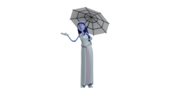 3D illustration. Cheerful Princess 3D Cartoon Character. Princess poses uniquely while carrying an umbrella. The beautiful princess raised one hand. 3D cartoon character png