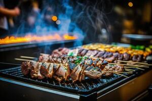 delicious bbq kebab grilling on open grill photo