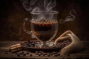 Cup glass of coffee with smoke and coffee beans on old wooden background photo