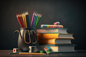 Back to school background with stack of books and school supplies in front of a black chalkboard photo