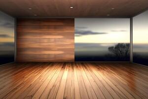 Wood Empty Surface and Living Room as Background In The Evening photo