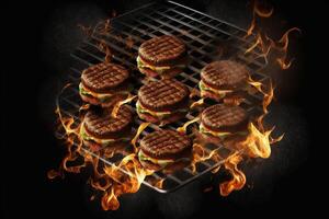 Flying beef hamburgers pieces above burning grill grid, black background. Barbecue and grill concept photo