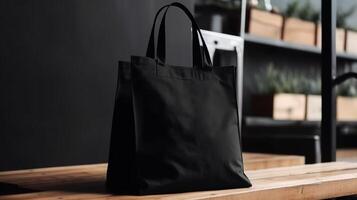 , Realistic black tote canvas fabric bag set-up in at interior or outdoor, shopper mock up blank. photo