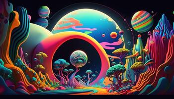 , Alien planet landscape. Psychedelic Space banner template, background. Horizontal illustration of the future with mountains, planets, trees, moon. Surrealist escapism. photo