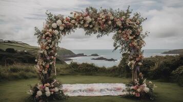 , Wedding ceremony boho rustic style arch with flowers and plants, flower bouquets. photo