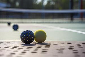 Photo of a pickle ball on a pickle ball court..