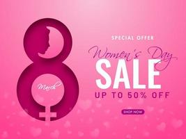 Womens Day Sale Poster Design with Pink Paper Cut 8 March and Female Gender Sign. vector