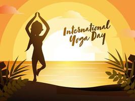 Silhouette Girl Practicing Tree Pose with Leaves on Sunrise Background for International Yoga Day. vector