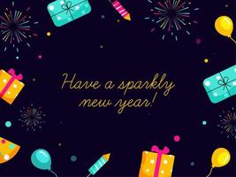 Have A Sparkly New Year Font On Dark Purple Background Decorated With Gift Boxes, Balloons And Fireworks Rocket. vector