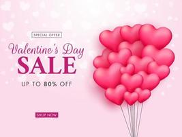 Valentine's Day Sale Poster Design with Pink Heart Balloon Bunch. vector