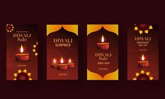 Diwali Sale Template Design Set In Brown And Golden Color With Lit Oil Lamp. vector