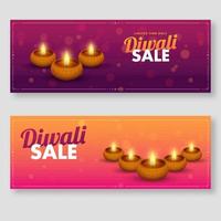 Diwali Sale Header Or Banner Design In Two Color Options With Lit Oil Lamps. vector