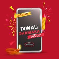 Diwali Dhamaka Mega Sale Poster Design With Discount Offer, Fireworks Rocket, Lit Oil Lamp And Smartphone On Red Background. vector