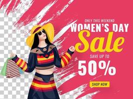 Womens Day Sale Poster Design with Discount Offer and Modern Young Girl holding Shopping Bag on Pink Brush Stroke and Png Background. vector