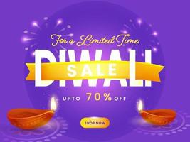 diwali rebaja póster diseño con descuento oferta y iluminado petróleo lamparas en púrpura fuegos artificiales antecedentes. vector