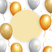 gelukkig verjaardag PNG achtergrond met gouden confetti. gelukkig verjaardag met realistisch ballonnen png. verjaardag viering geschenk kaart, realistisch ballonnen, gouden confetti, en gebroken wit verjaardag achtergrond.