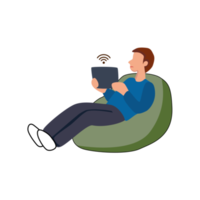 Jeune garçon séance et en train de regarder film sur tablette ordinateur sur canapé png