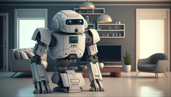 The futuristic smart home robot is equipped with advanced technology that allows wireless control through the internet, providing an innovative and automatic approach to housework. photo