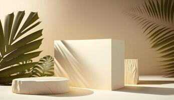 Podium template with foliage drop shadow for product. Beauty mockup with empty tray presentation. . photo