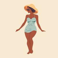 hermosa joven mujer en sombrero. niña en traje de baño es broncearse debajo verano Dom. plano vector ilustración aislado antecedentes