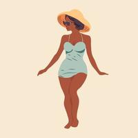 Beautiful young woman in hat. Girl in swimsuit is sunbathing under summer sun. Flat vector illustration isolated background