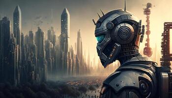 Futuristic cityscape of tomorrow with this stunning illustration, featuring towering skyscrapers and state of the art technology at every turn. photo