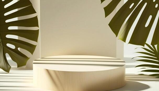 Podium template with foliage drop shadow for product. Beauty mockup with empty tray presentation. . photo